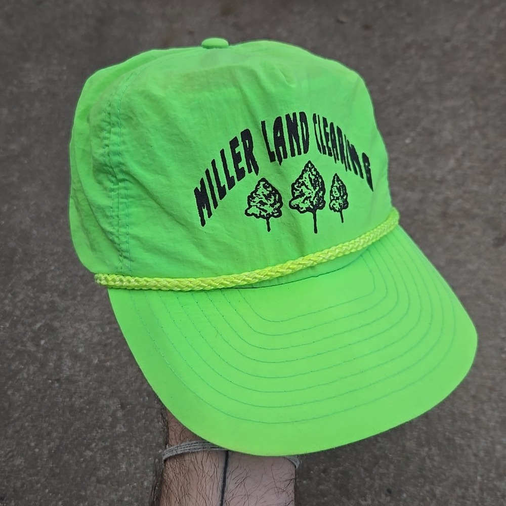 VTG 80s Nissin Cap Neon Green Miller Land Clearing Dad Nylon Roper! Hat Snapback